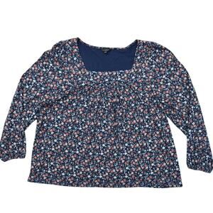Lucky Brand Blue Floral Blouse Square Neck Size 2XL Plus Size Cotton Blend